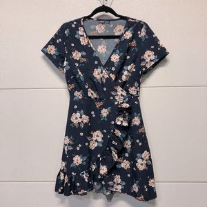 Navy floral faux wrap mini dress